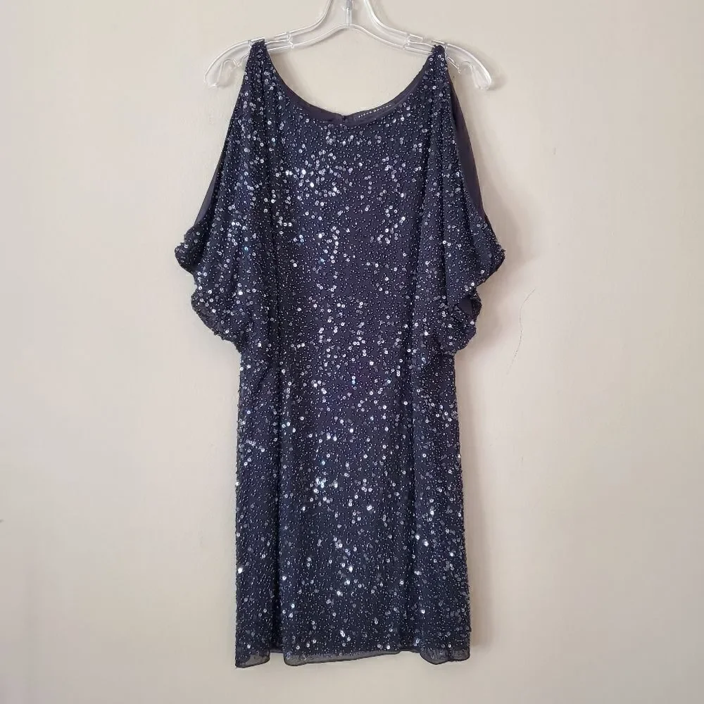 Aidan Mattox Cold Shoulder Sequin Dress Size 6 Black Party New Year's 100% Silk